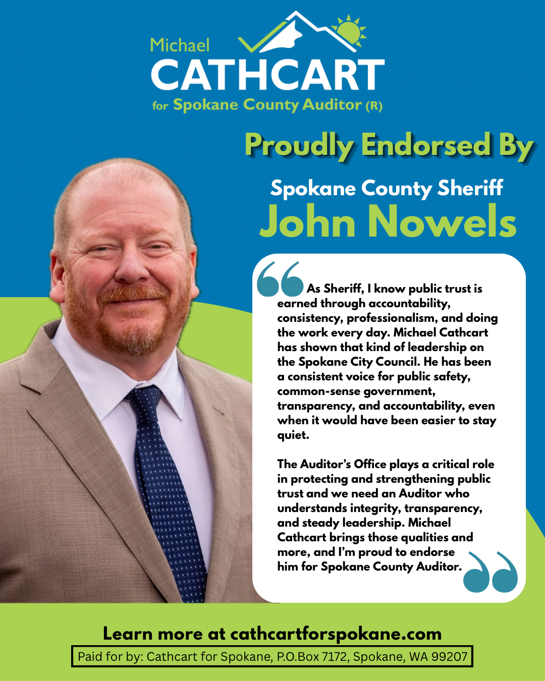 John Nowels endorsement of Michael Cathcart for Spokane County Auditor